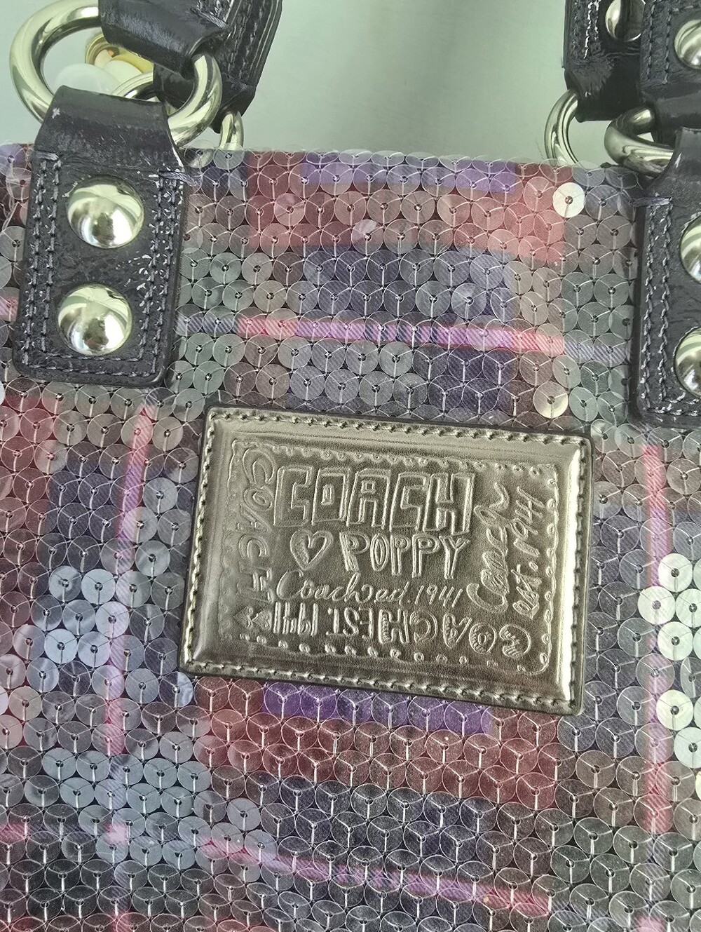 Coach Poppy Sequined Tartan XL Bag. Rare 15890 Excellent Shape. 3 Hang Tags, Y2k - Picture 12 of 16